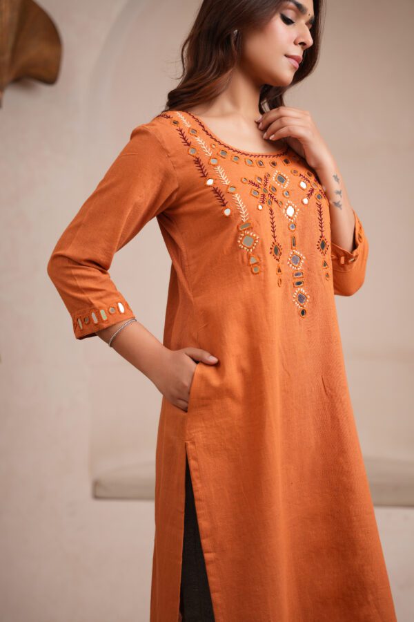 Bright Orange Kala Cotton Rabari Kurta with Grey Pants - Image 5