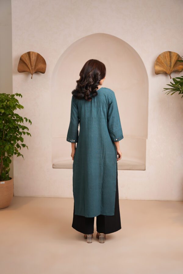 Green Kala Cotton Rabari Kurta with Black Palazzo - Image 5