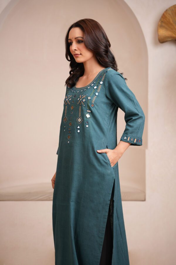 Green Kala Cotton Rabari Kurta with Black Palazzo - Image 2