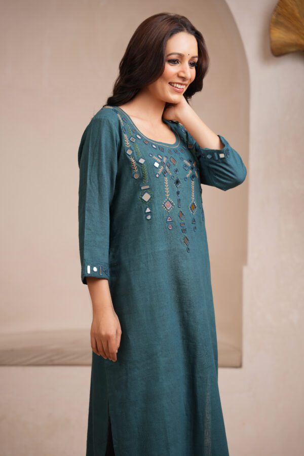 Green Kala Cotton Rabari Kurta with Black Palazzo - Image 3