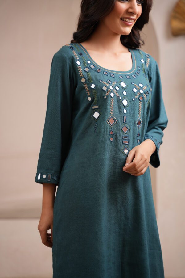 Green Kala Cotton Rabari Kurta with Black Palazzo - Image 4