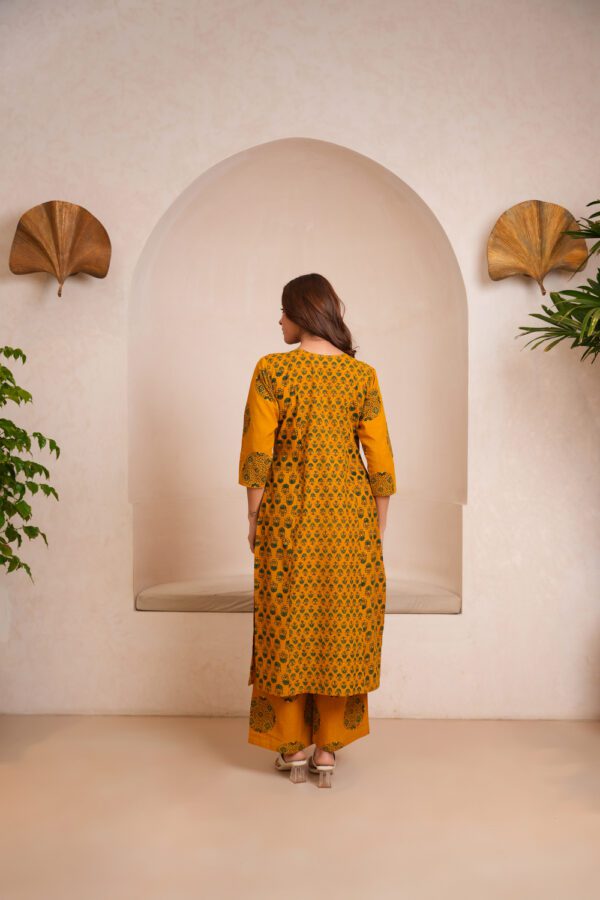 Yellow Cotton Ajrakh Flare Kurta - Image 4