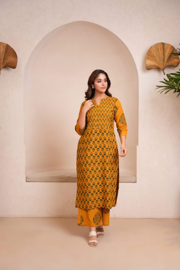 Yellow Cotton Ajrakh Flare Kurta - Image 3