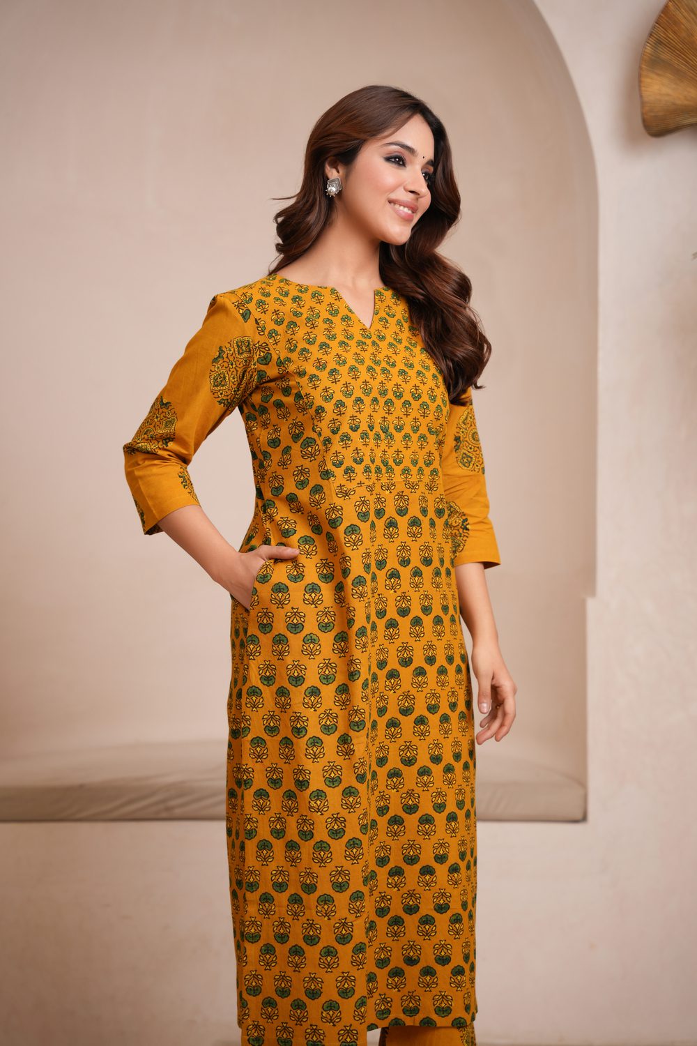 Yellow Cotton Ajrakh Flare Kurta