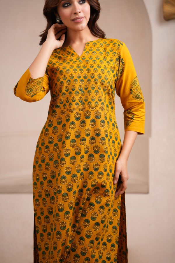 Yellow Cotton Ajrakh Flare Kurta - Image 2