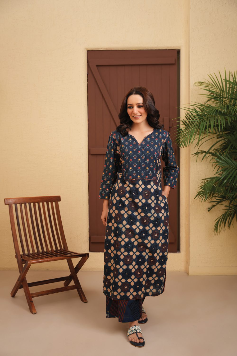 Indigo Blue Cotton Ajrakh Straight Kurta with Hand Embroidery paired with Palazzo Set of 2