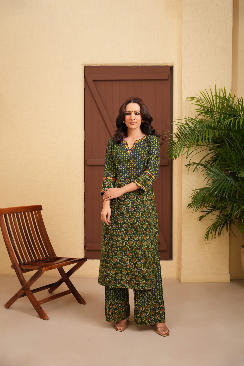 Green Cotton Ajrakh Straight Kurta with Hand Embroidery paired with Palazzo Set of 2