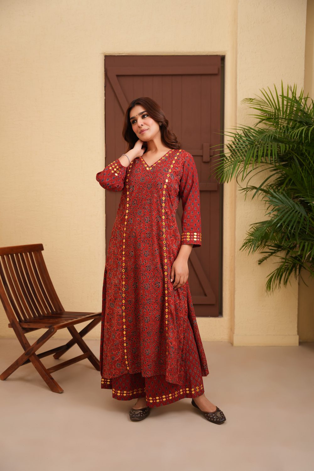 Maroon Cotton Ajrakh A-Line Kurta with Hand Embroidery paired with Palazzo Set of 2