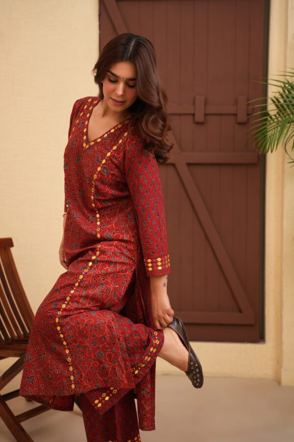 Maroon Cotton Ajrakh A-Line Kurta with Hand Embroidery