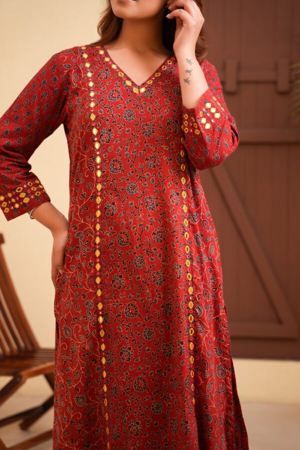 Maroon Cotton Ajrakh A-Line Kurta with Hand Embroidery - Image 3