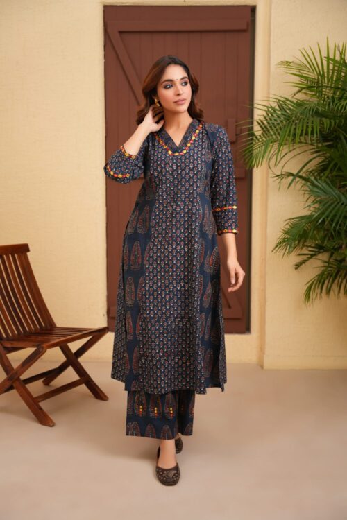Indigo Cotton Ajrakh A-Line Kurta with Hand Embroidery paired with Palazzo Set of 2