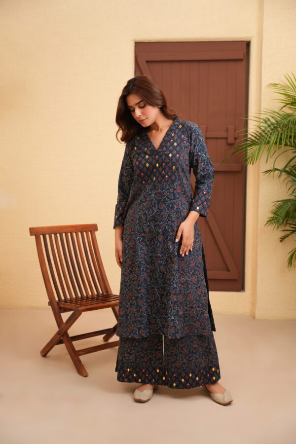 Indigo Blue Cotton Ajrakh Flare Kurta with Hand Embroidery paired with Palazzo Set of 2