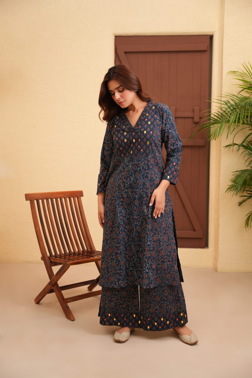 Indigo Blue Cotton Ajrakh Flare Kurta with Hand Embroidery paired with Palazzo Set of 2