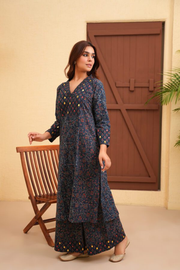 Indigo Blue Cotton Ajrakh Flare Kurta with Hand Embroidery