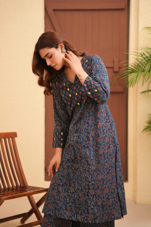 Indigo Blue Cotton Ajrakh Flare Kurta with Hand Embroidery - Image 2