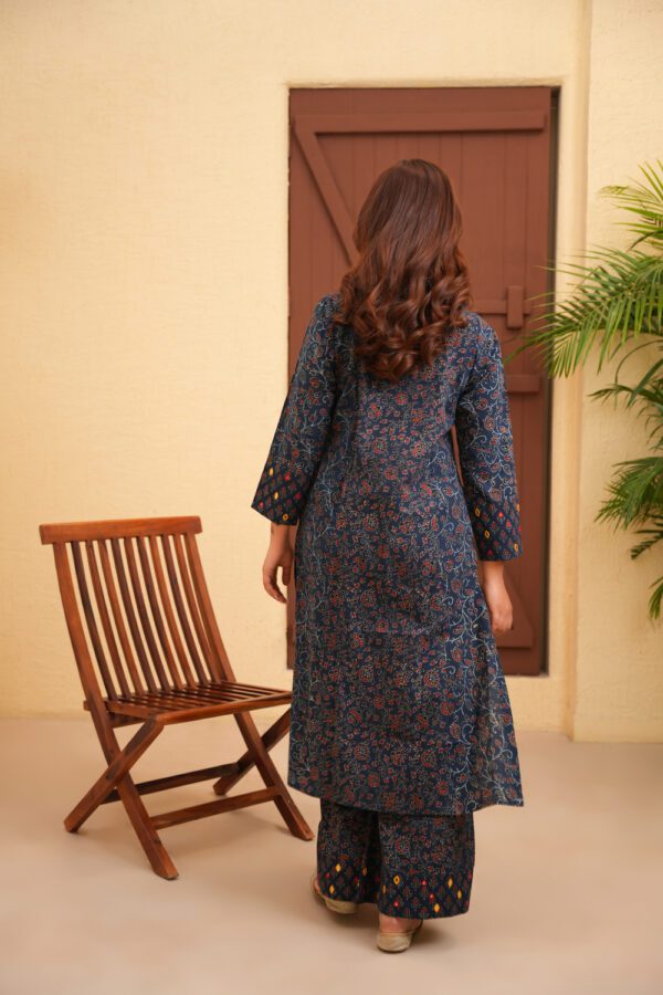 Indigo Blue Cotton Ajrakh Flare Kurta with Hand Embroidery - Image 4
