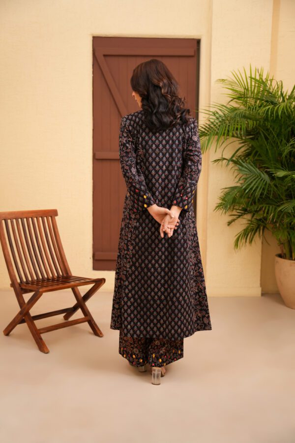 Black Cotton Ajrakh A-Line Kurta with Hand Embroidery - Image 3