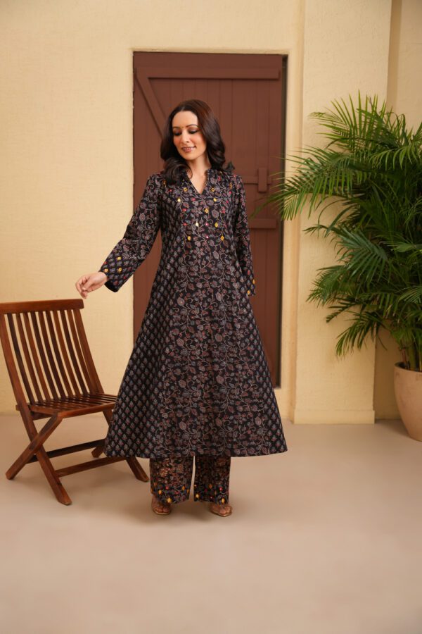 Black Cotton Ajrakh A-Line Kurta with Hand Embroidery - Image 2