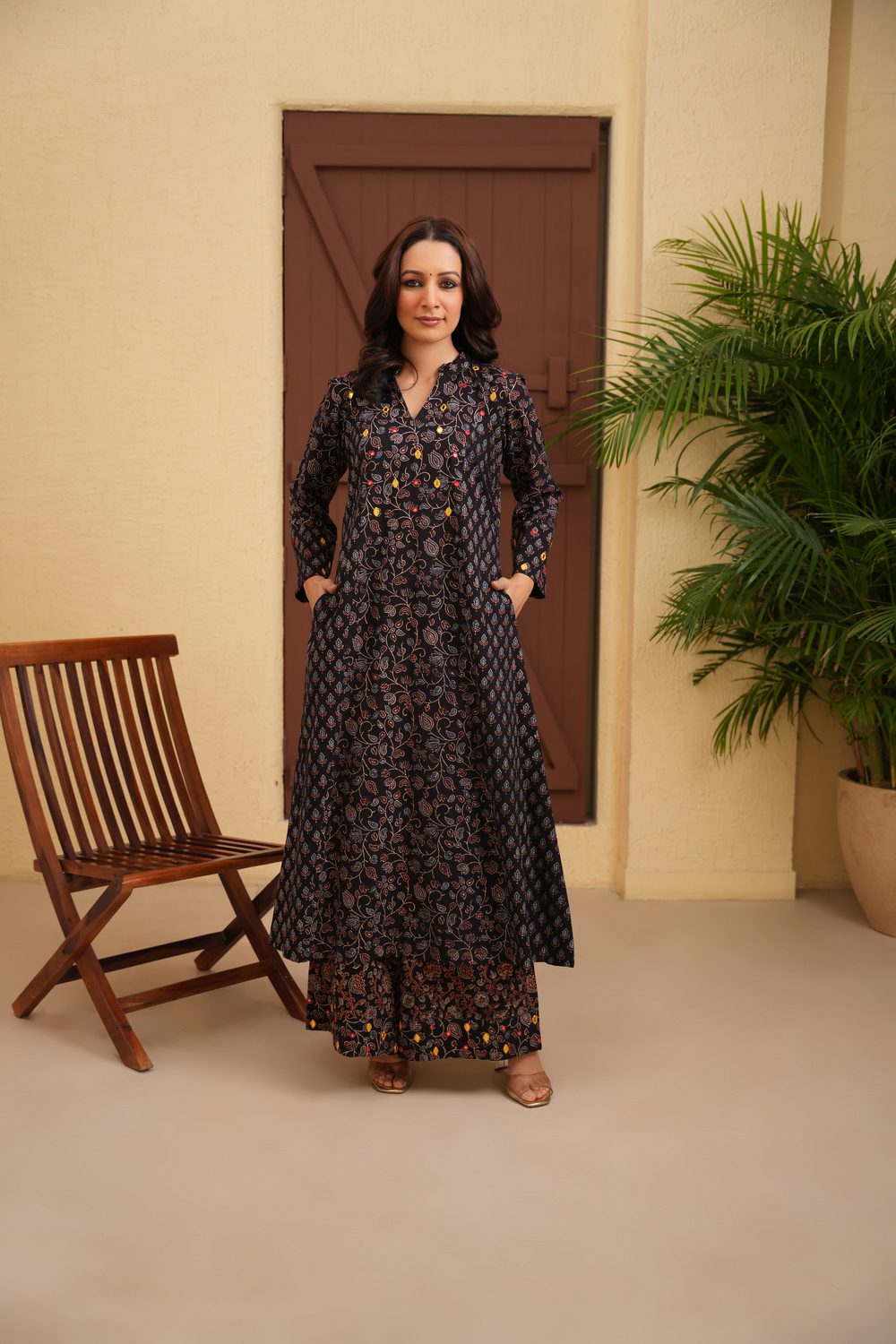Black Cotton Ajrakh A-Line Kurta with Hand Embroidery paired with Palazzo Set of 2