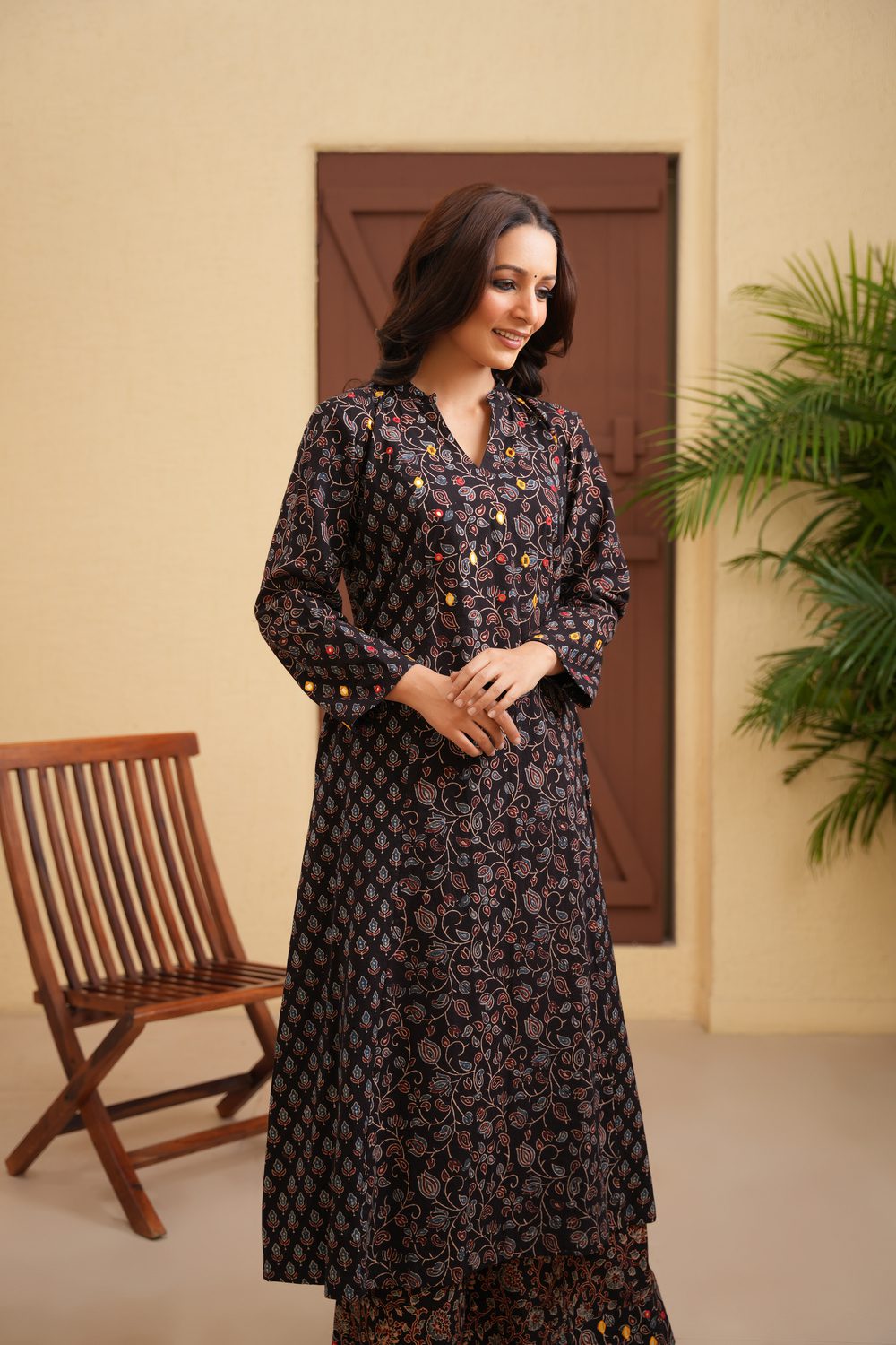 Black Cotton Ajrakh A-Line Kurta with Hand Embroidery