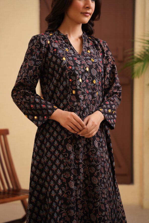Black Cotton Ajrakh A-Line Kurta with Hand Embroidery - Image 4