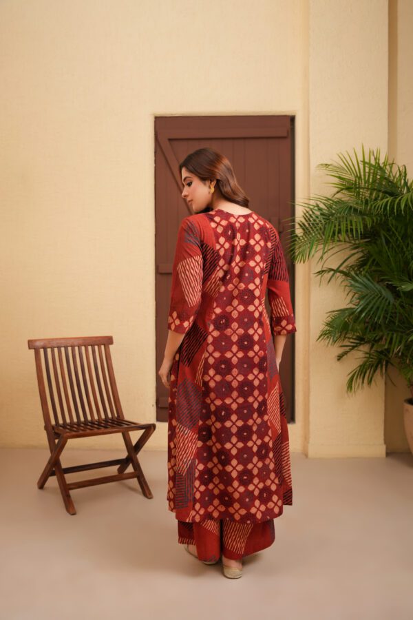 Maroon Cotton Ajrakh A-Line Kurta with Palazzo Set of 2 - Image 2