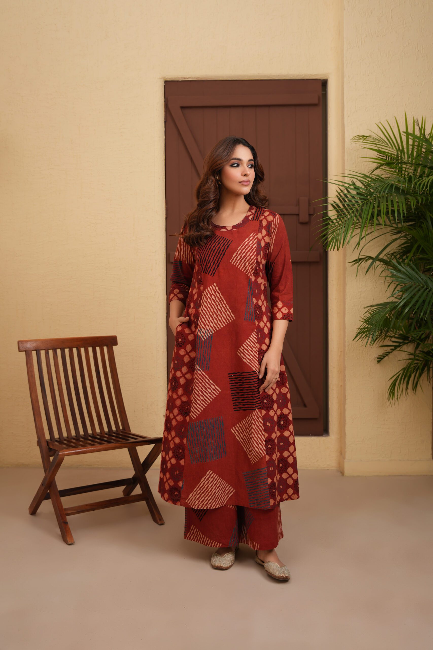 Maroon Cotton Ajrakh A-Line Kurta with Palazzo Set of 2