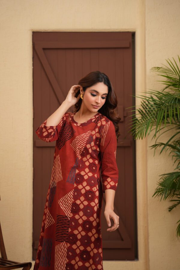 Maroon Cotton Ajrakh A-Line Kurta with Palazzo Set of 2 - Image 5