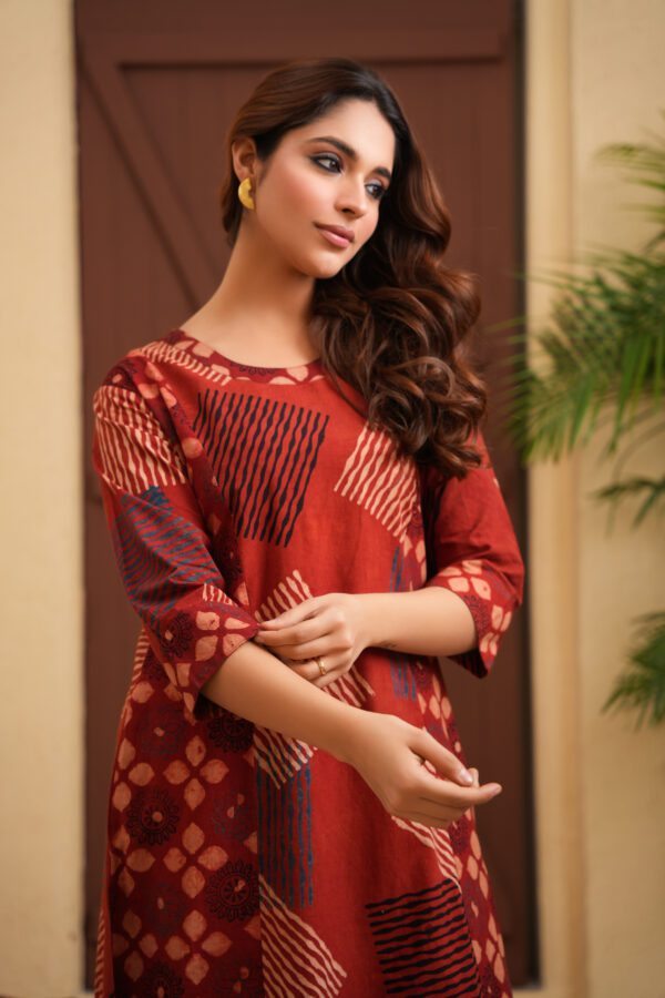 Maroon Cotton Ajrakh A-Line Kurta with Palazzo Set of 2 - Image 4