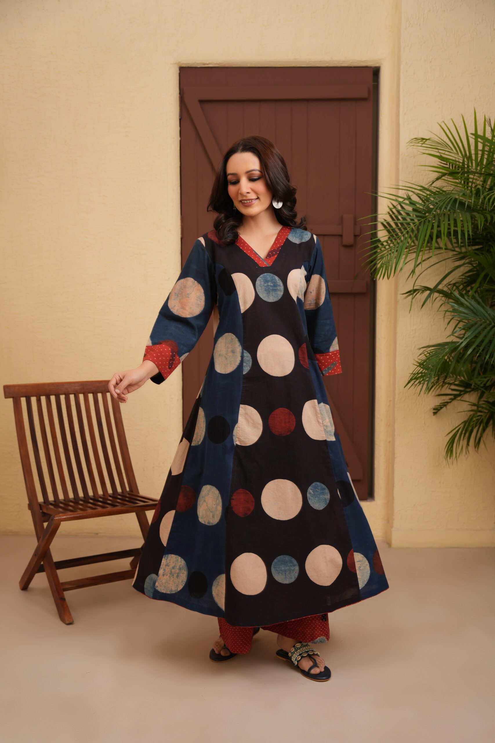 Indigo-Black Cotton Ajrakh A-Line Kurta with Maroon Palazzo Set of 2