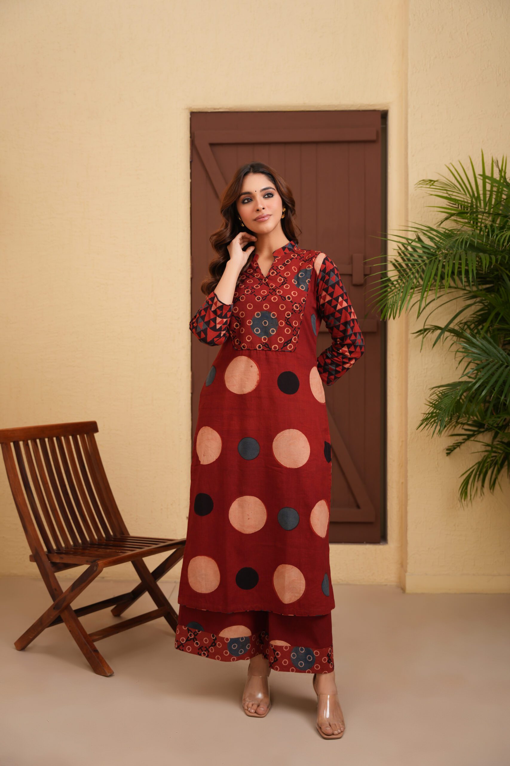 Maroon Cotton Ajrakh Straight Kurta with Palazzo Set of 2