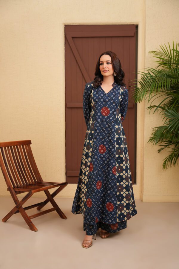 Indigo Cotton Ajrakh A-Line Kurta with Palazzo Set of 2