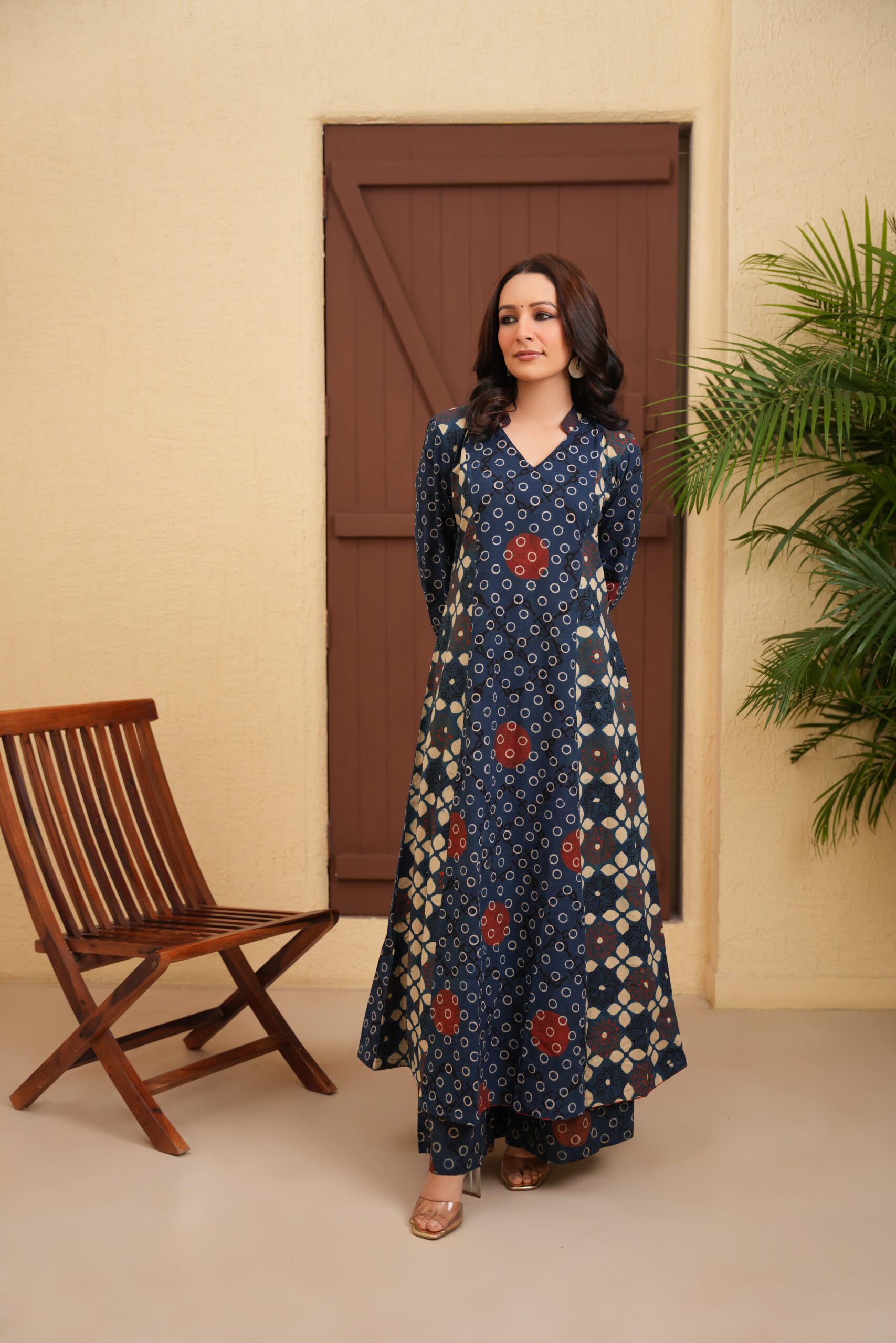 Indigo Cotton Ajrakh A-Line Kurta with Palazzo Set of 2