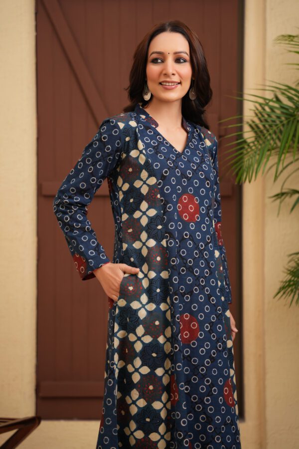 Indigo Cotton Ajrakh A-Line Kurta with Palazzo Set of 2 - Image 2