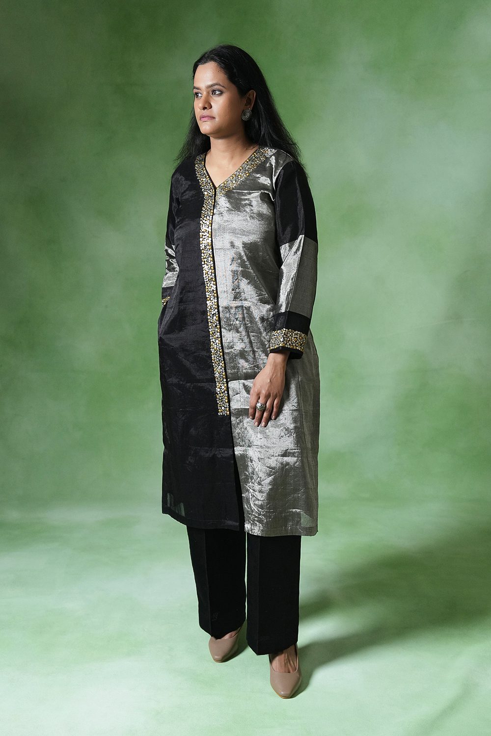 Prithvi Tissue Straight Co-ord Set in Black-Silver Set of 2