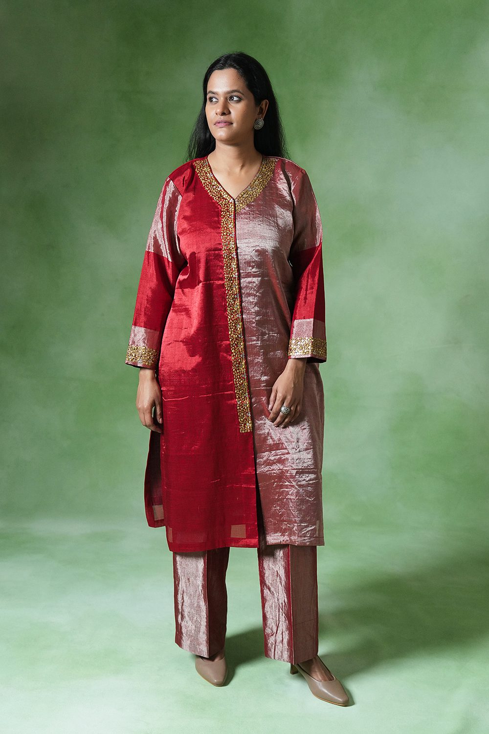 Prithvi Tissue Straight Co-ord Set in Red Set of 2