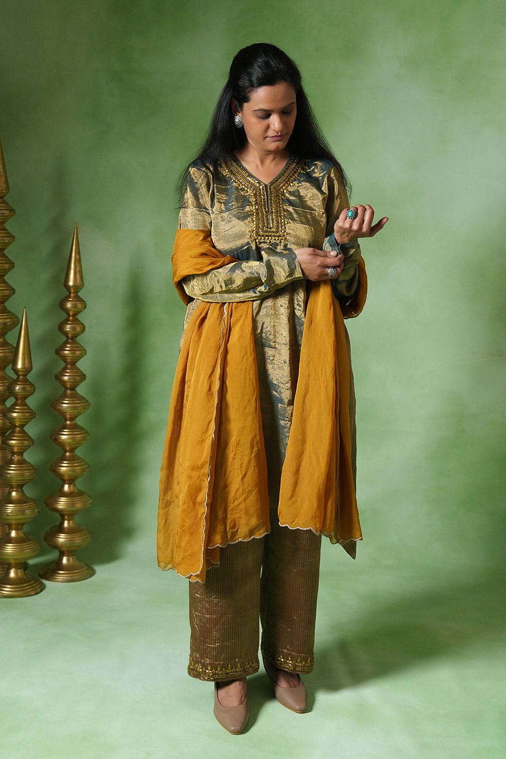 Raas Tissue Kurta Set in Green Set of 3