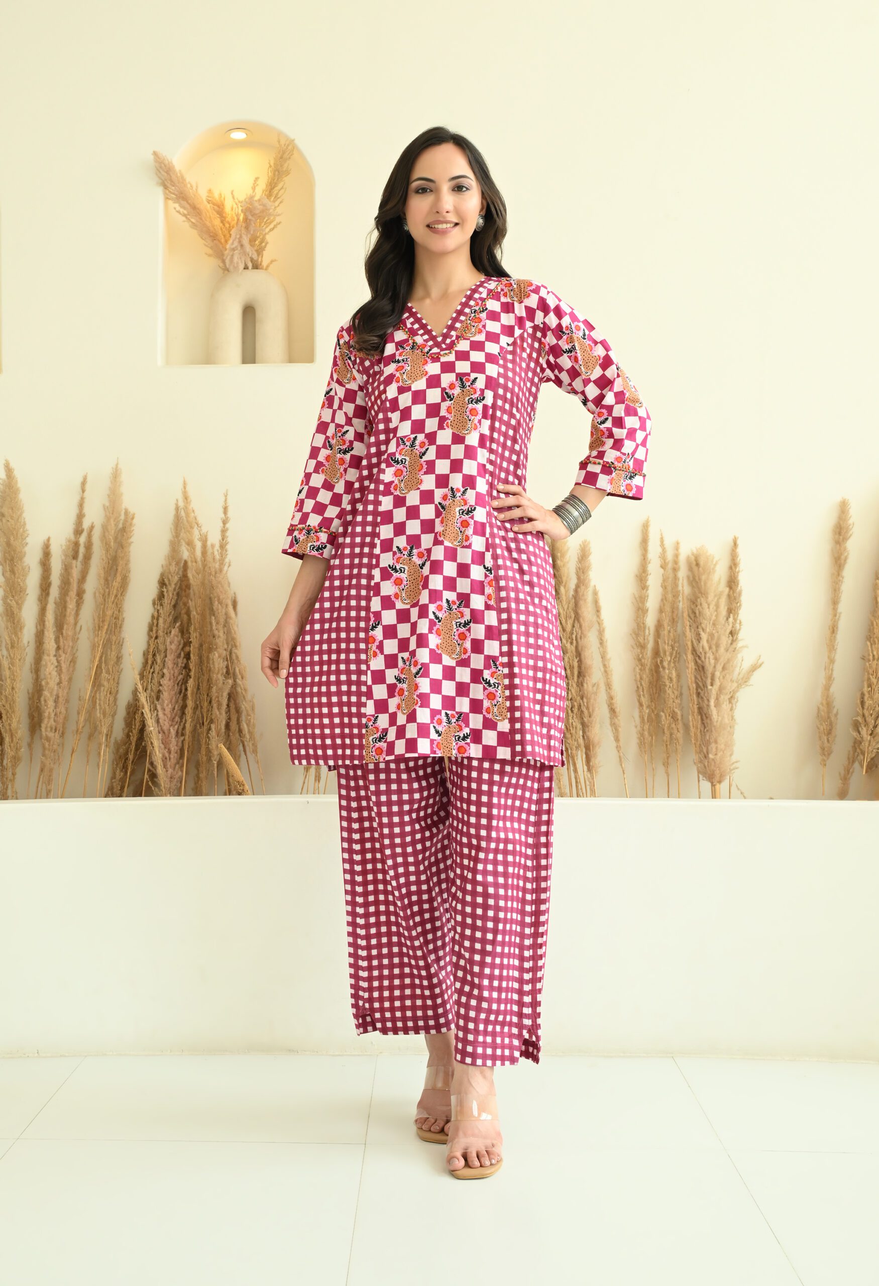 Checks & Animal Printed Short Kurta Pants Co-Ord Set