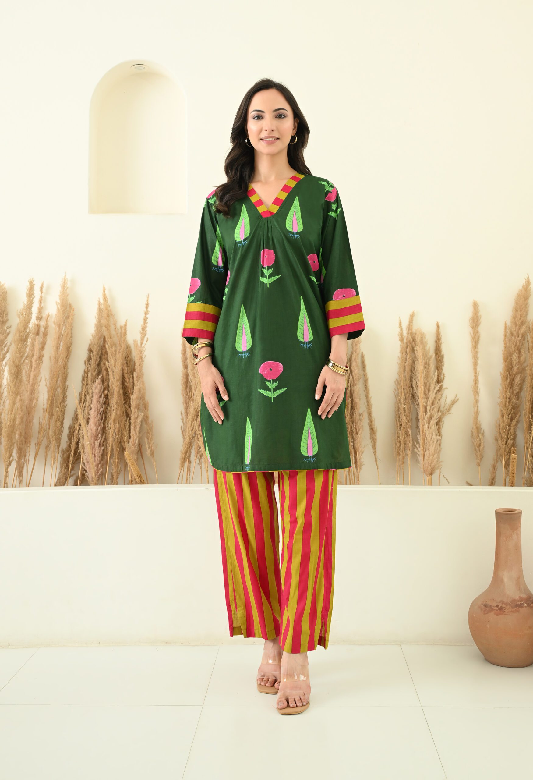 Stripes & Floral Printed Short Kurta Salwar Co-Ord Set