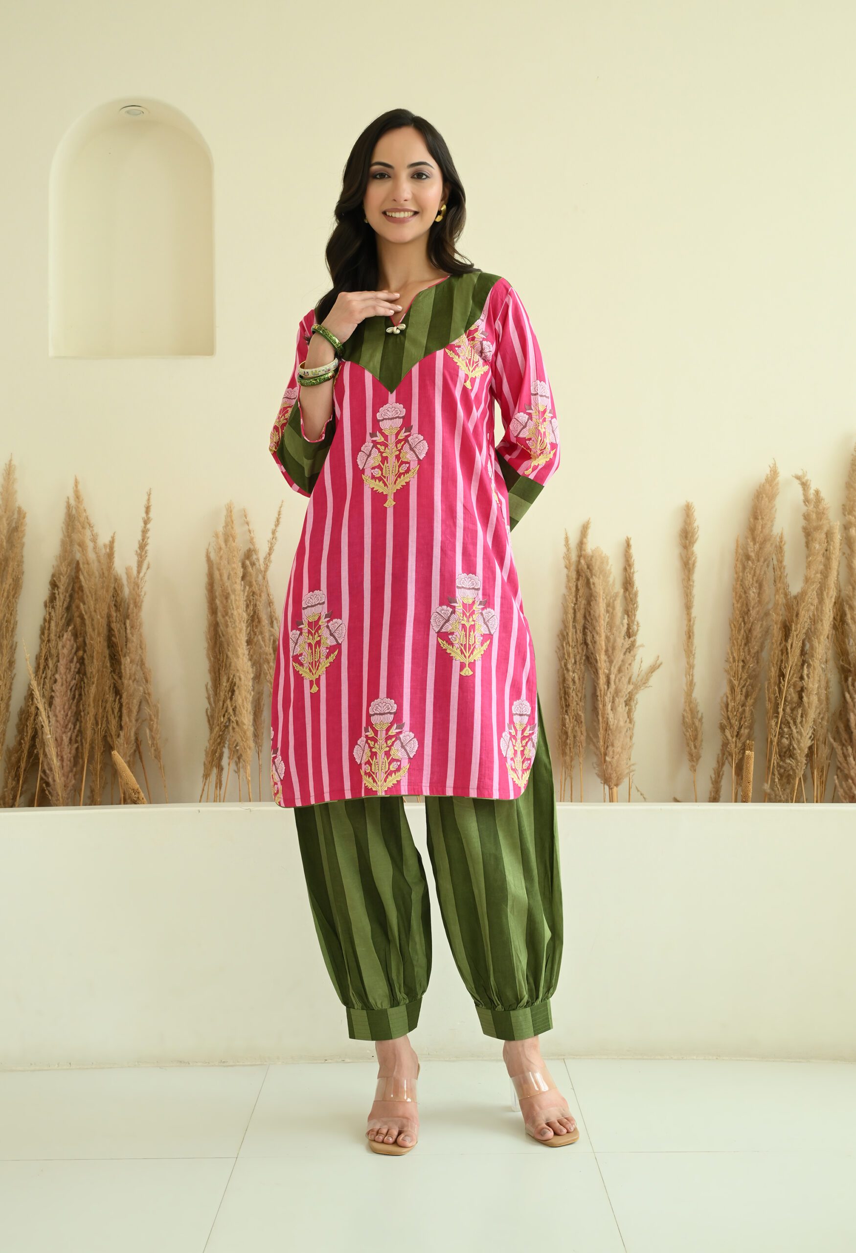 Floral and Stripes Printed Short Kurta Salwar Co-Ord Set