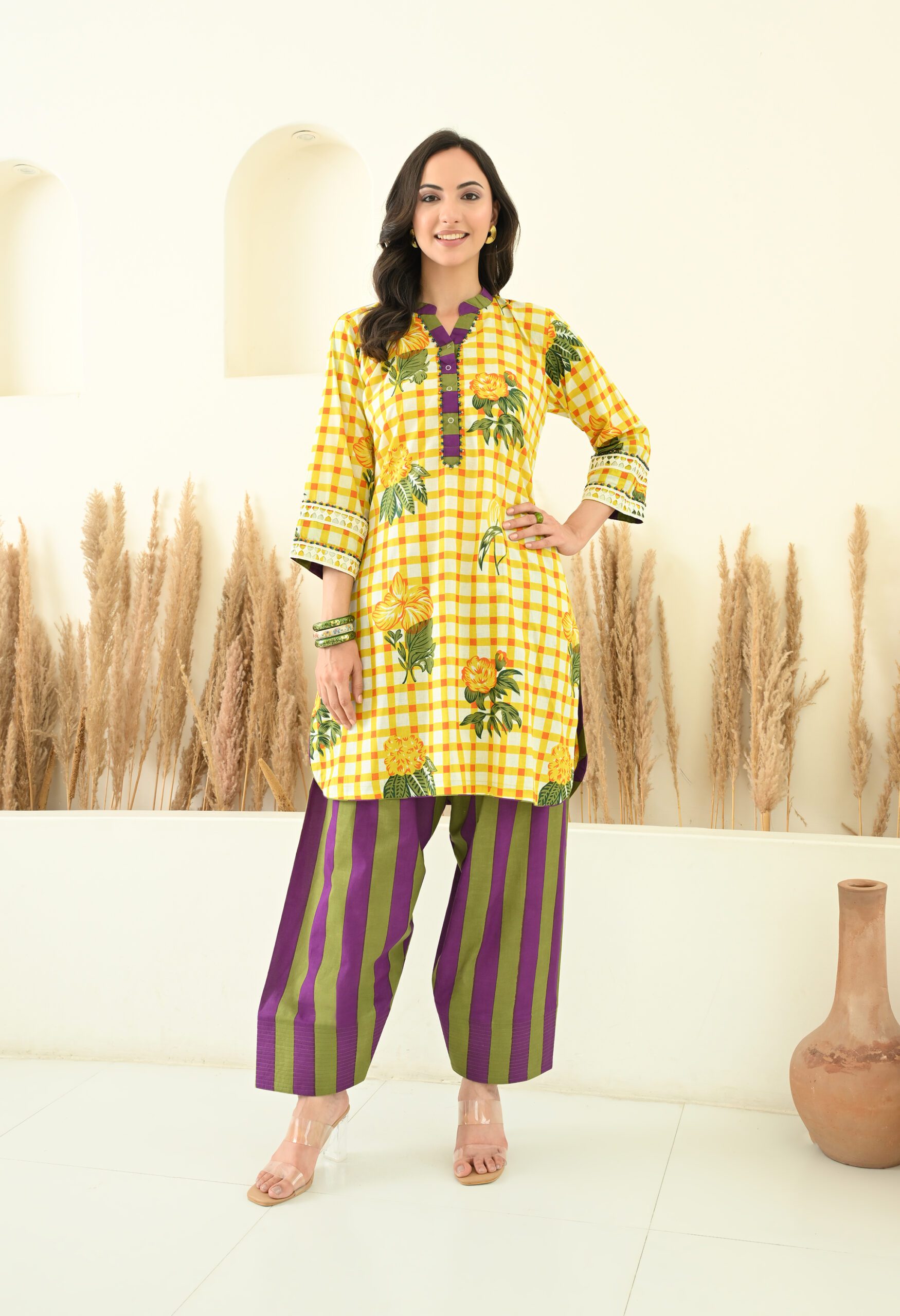 Floral and Stripes Printed Short Kurta Farshi Salwar Set