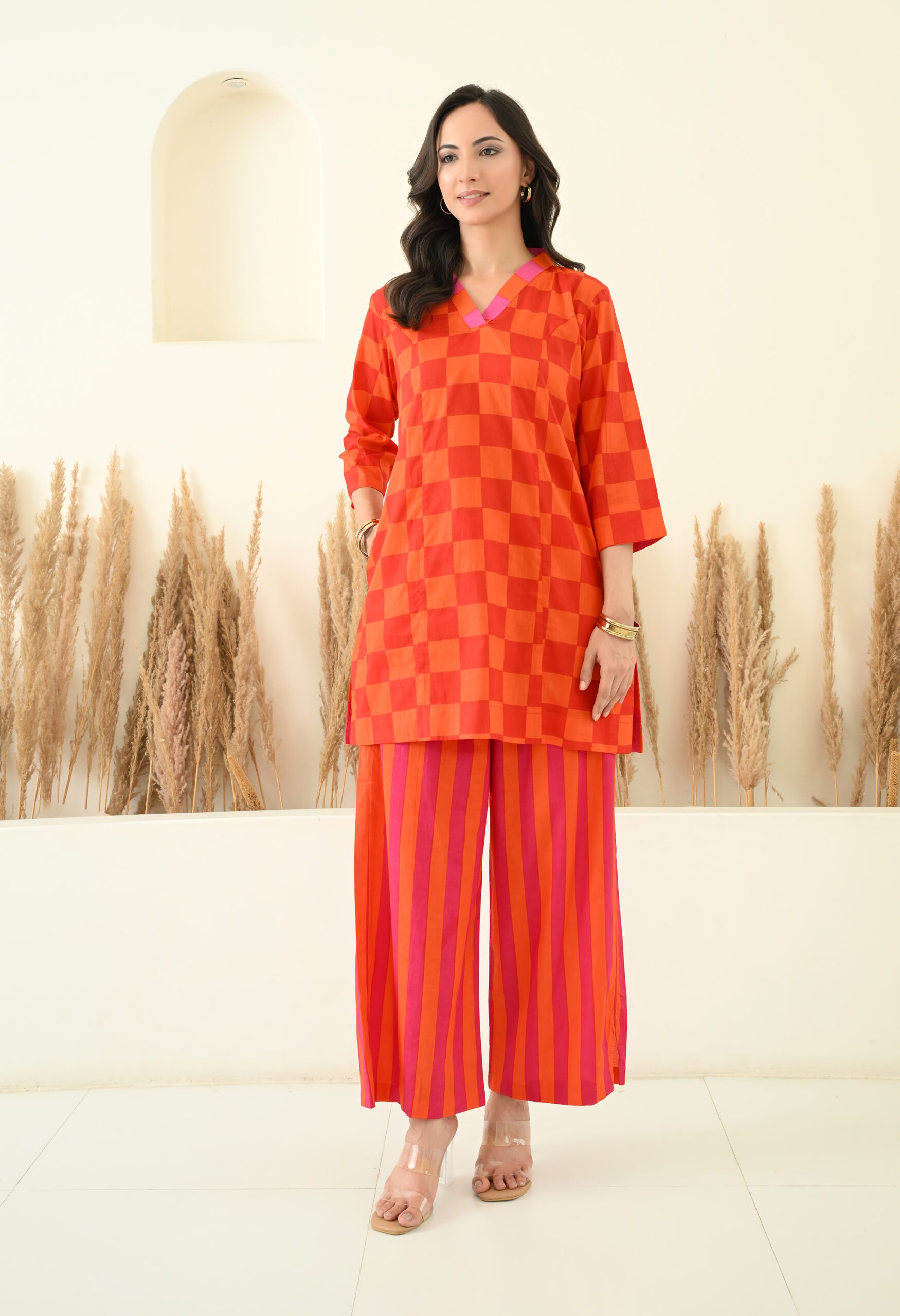 Stripes & Checks Printed Short Kurta and Pants Co-ord Set