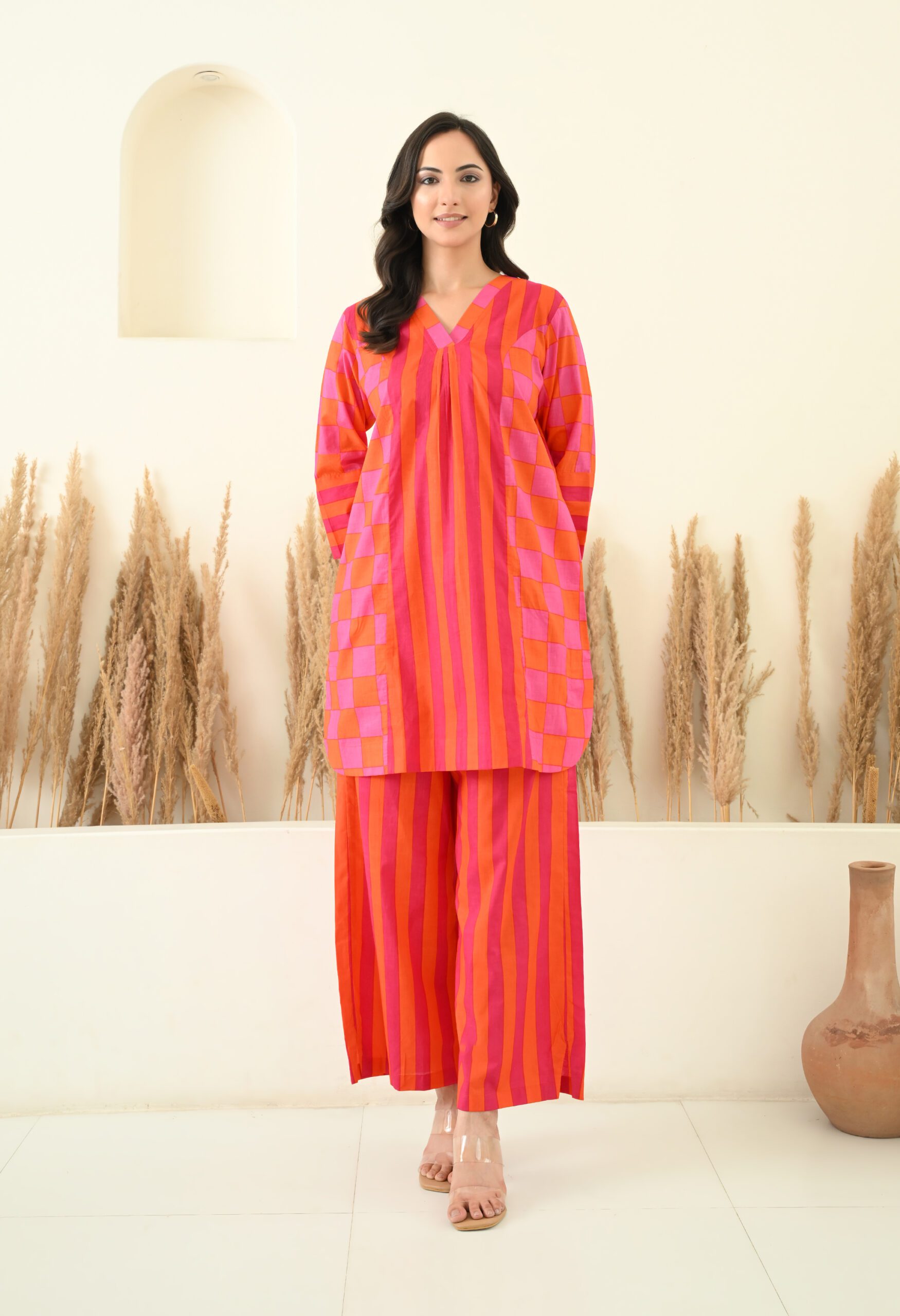 Stripes & Checks Printed Short Kurta and Pants Co-ord Set