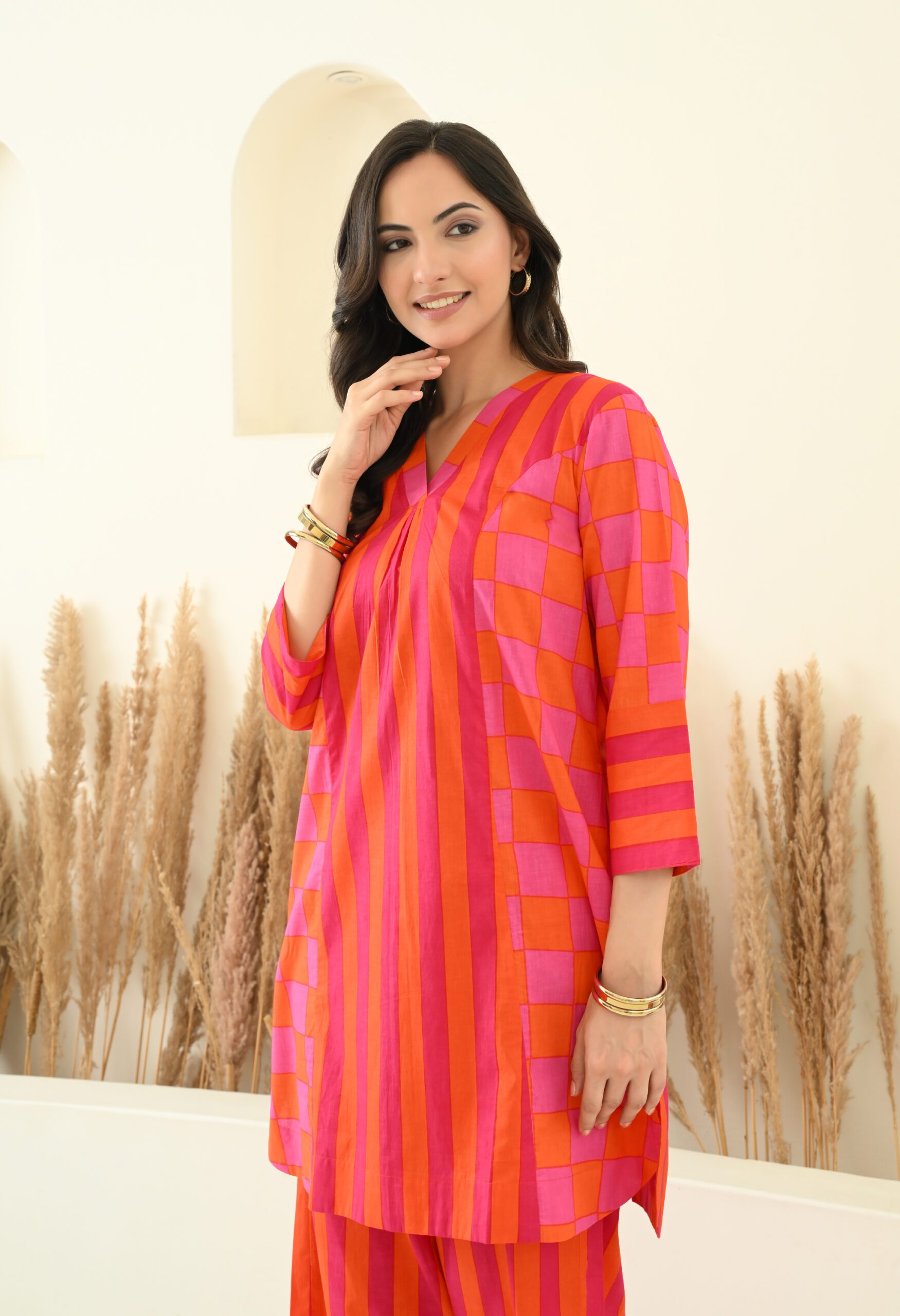Stripes & Checks Printed Short Kurta and Pants Co-ord Set - Image 2