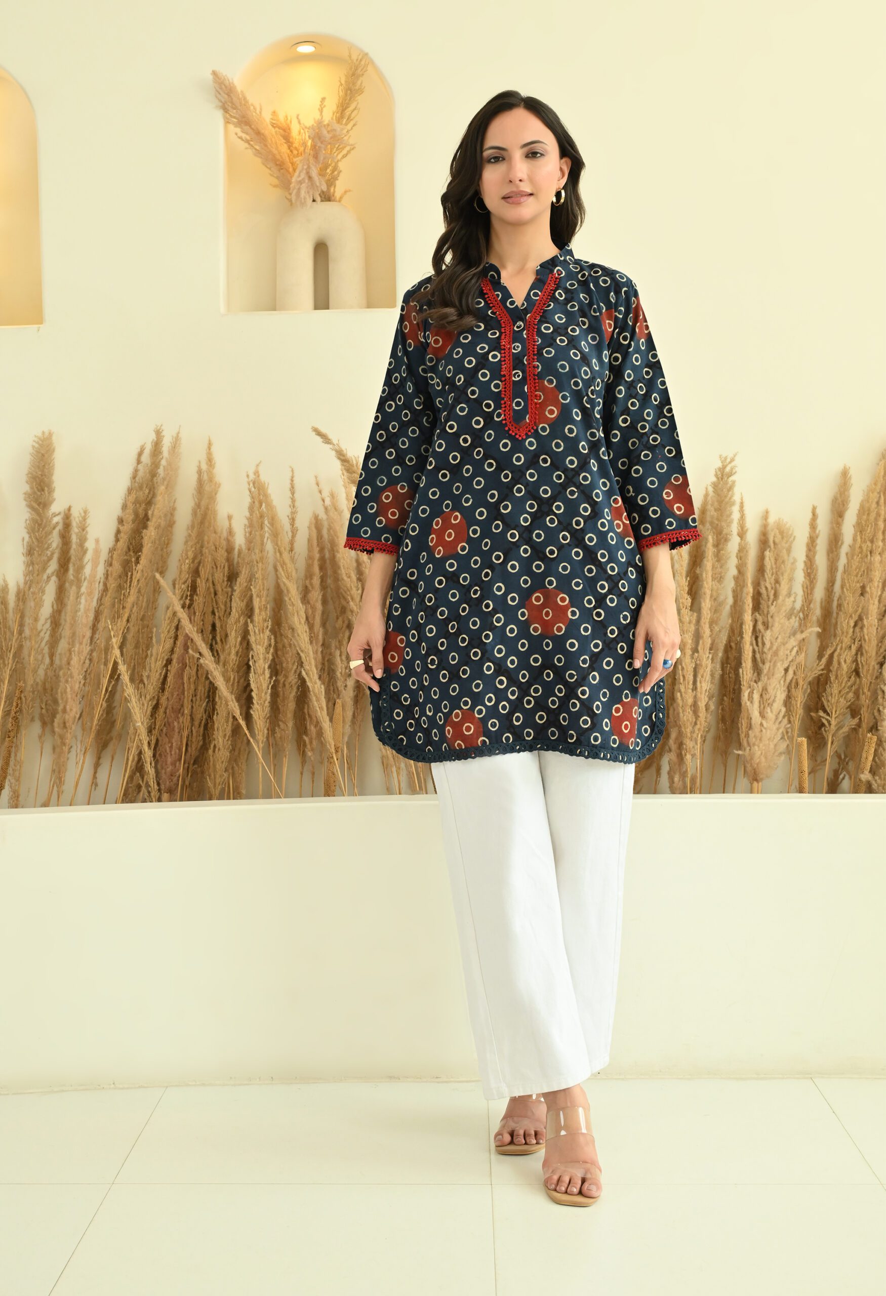 Indigo Ajrakh Short Kurta with Lace