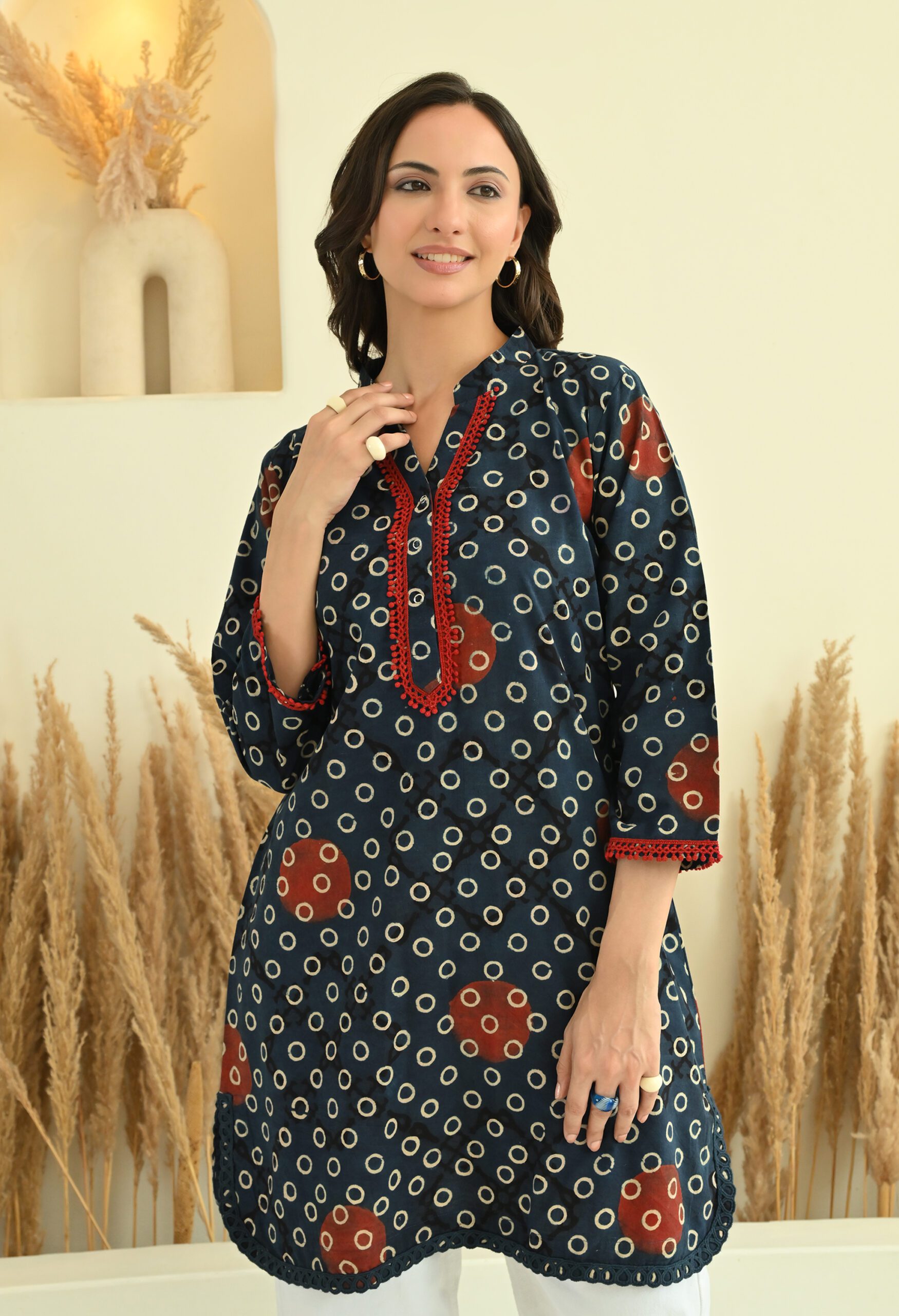 Indigo Ajrakh Short Kurta with Lace - Image 2