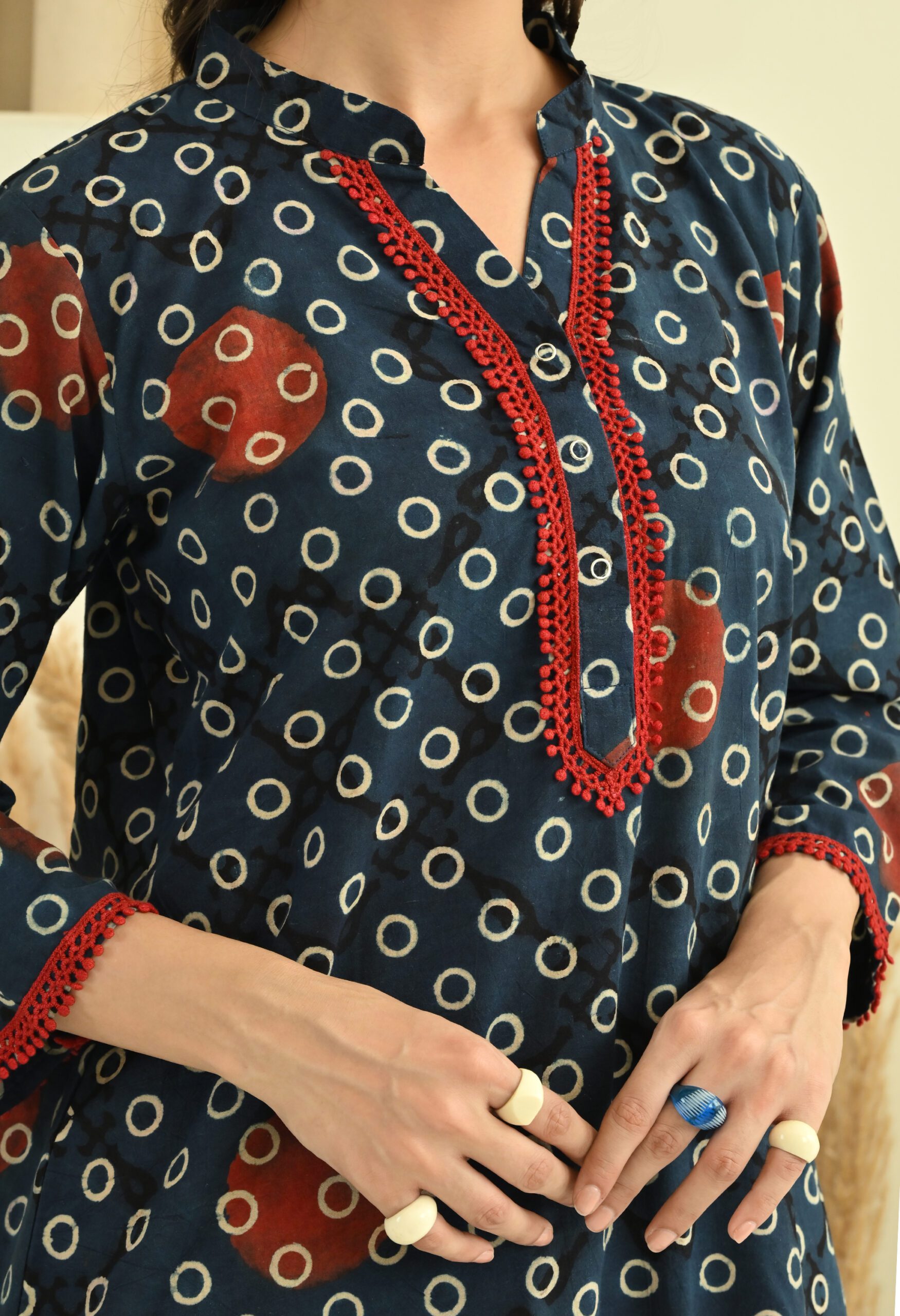 Indigo Ajrakh Short Kurta with Lace - Image 3