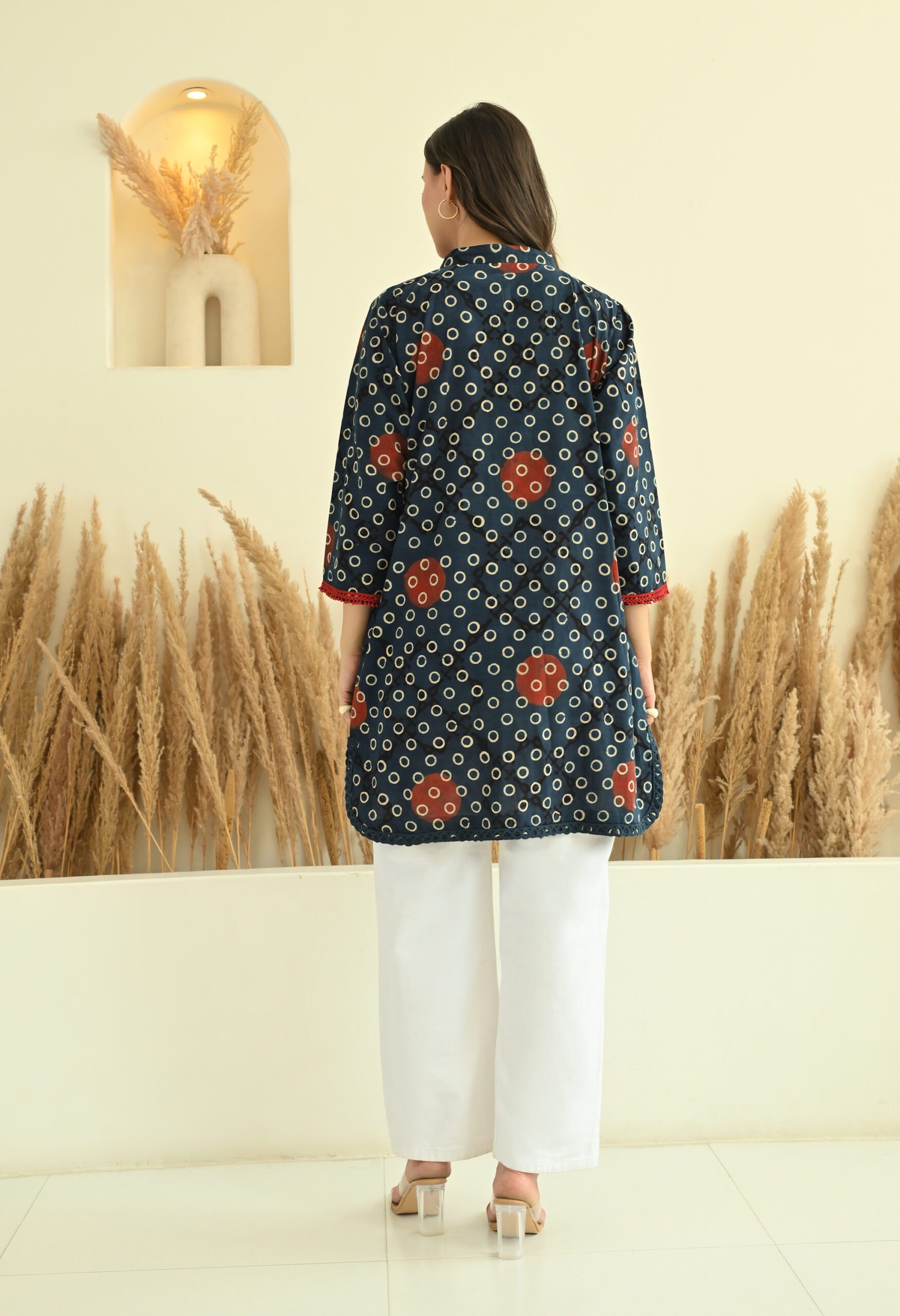 Indigo Ajrakh Short Kurta with Lace - Image 4