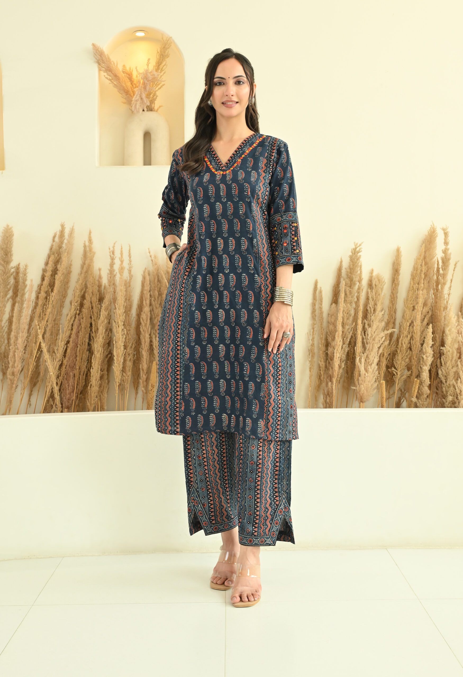 Indigo Ajrakh Kurta Set with Mirror Embroidery