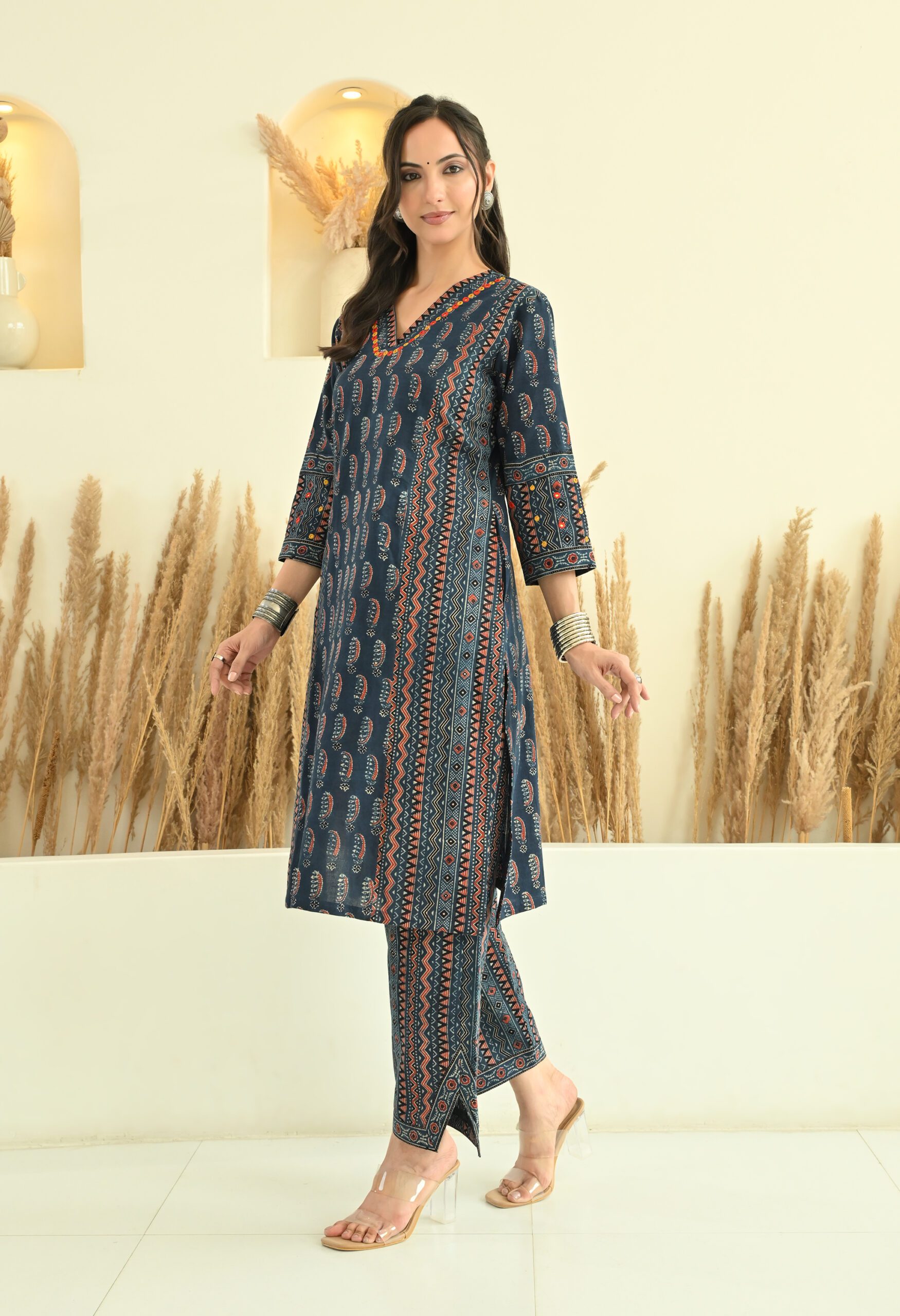 Indigo Ajrakh Kurta Set with Mirror Embroidery - Image 2